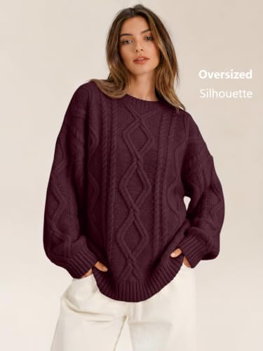 Women's Oversized Cable Knit Sweaters 2026 Fall Ou Wine Red - back view