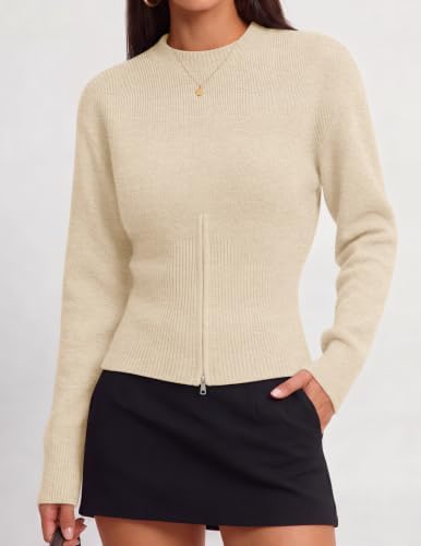 Women's Fall Zipper Pullover Sweaters 2026 Cozy Ri Apricot - color detail