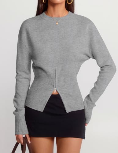 Women's Fall Zipper Pullover Sweaters 2026 Cozy Ri Grey - in use
