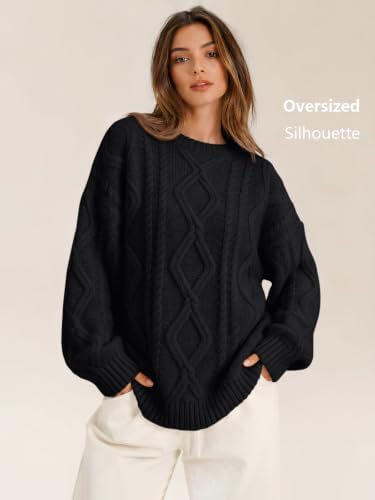 Women's Oversized Cable Knit Sweaters 2026 Fall Ou Black - back view