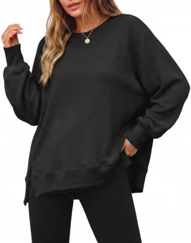 Women's Fall Oversized Sweatshirt Casual Waffle Kn Black-2 - side angle