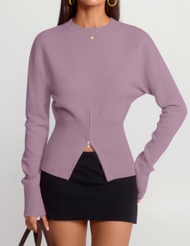 Women's Fall Zipper Pullover Sweaters 2026 Cozy Ri Purple - in use