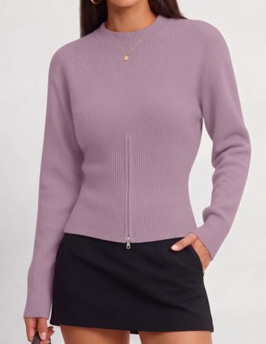 Women's Fall Zipper Pullover Sweaters 2026 Cozy Ri Purple - color detail