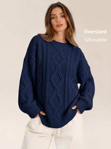 Women's Oversized Cable Knit Sweaters 2026 Fall Ou Navy Blue - back view