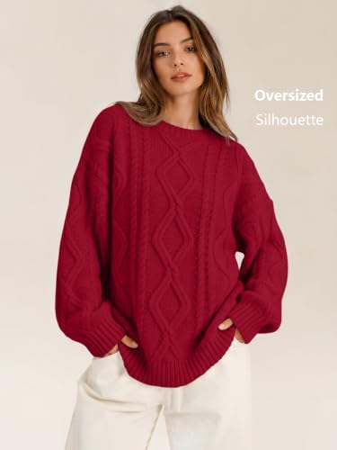 Women's Oversized Cable Knit Sweaters 2026 Fall Ou Red - back view