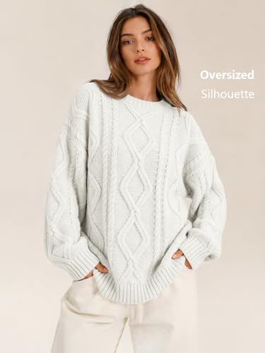 Women's Oversized Cable Knit Sweaters 2026 Fall Ou White - back view