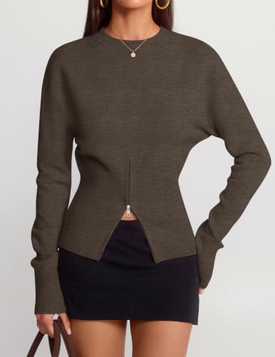 Women's Fall Zipper Pullover Sweaters 2026 Cozy Ri Brown - in use