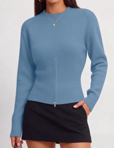 Women's Fall Zipper Pullover Sweaters 2026 Cozy Ri Dustyblue - color detail