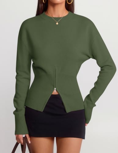 Women's Fall Zipper Pullover Sweaters 2026 Cozy Ri Armygreen - in use