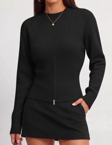Women's Fall Zipper Pullover Sweaters 2026 Cozy Ri Black - back view