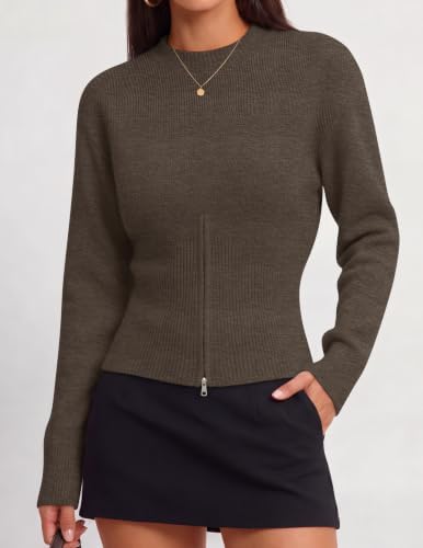Women's Fall Zipper Pullover Sweaters 2026 Cozy Ri Brown - color detail
