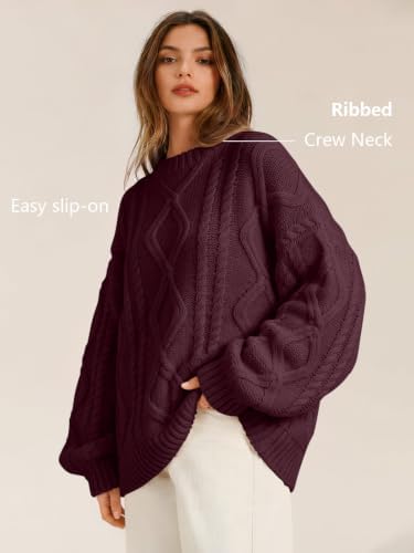 Women's Oversized Cable Knit Sweaters 2026 Fall Ou Wine Red - color detail