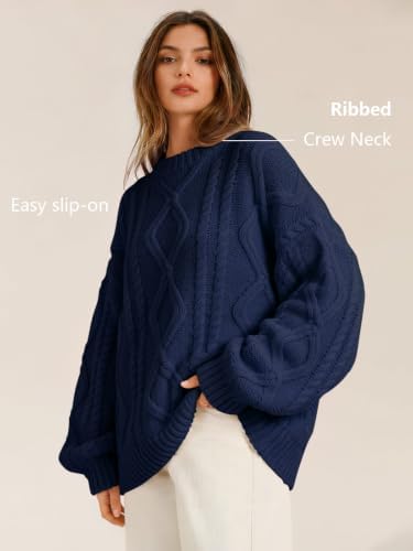 Women's Oversized Cable Knit Sweaters 2026 Fall Ou Navy Blue - color detail