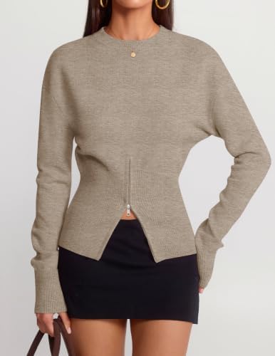 Women's Fall Zipper Pullover Sweaters 2026 Cozy Ri Oatmeal - in use