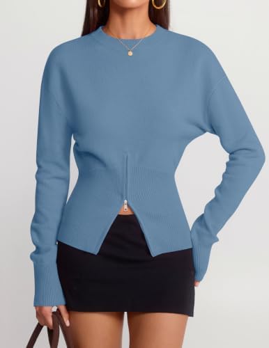 Women's Fall Zipper Pullover Sweaters 2026 Cozy Ri Dustyblue - in use