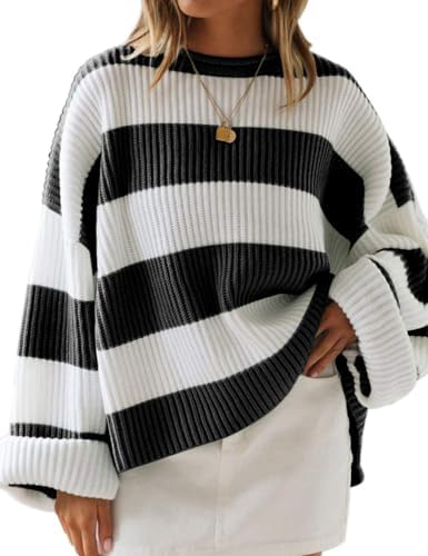 Womens Fall Winter Oversized Striped Knit Sweaters Blackstriped - side angle