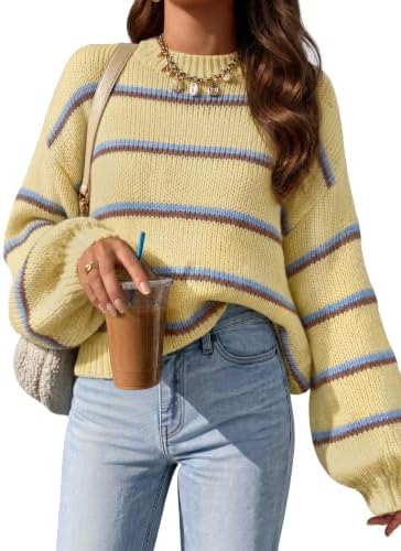 Womens Striped Fall Winter Sweaters Oversize Cozy  Yellow - side angle