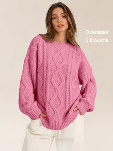 Women's Oversized Cable Knit Sweaters 2026 Fall Ou Rose Pink - back view