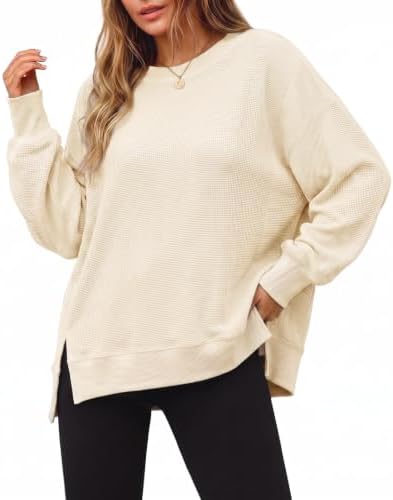 Women's Fall Oversized Sweatshirt Casual Waffle Kn Beige-2 - side angle