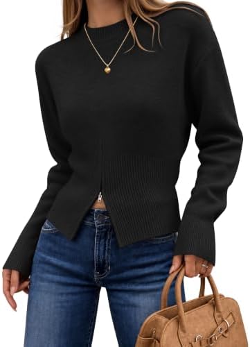 Women's Fall Zipper Pullover Sweaters 2026 Cozy Ri Black - side angle