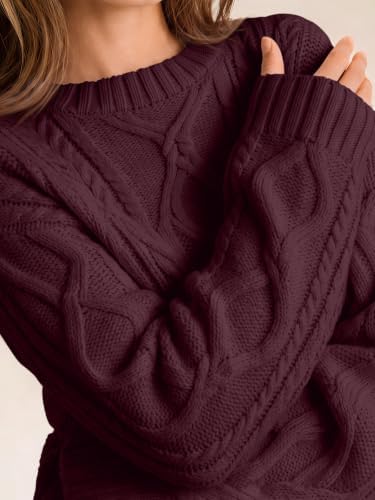Women's Oversized Cable Knit Sweaters 2026 Fall Ou Wine Red - in use