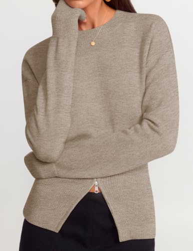 Women's Fall Zipper Pullover Sweaters 2026 Cozy Ri Oatmeal - back view