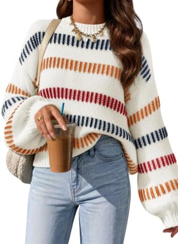Womens Striped Fall Winter Sweaters Oversize Cozy  Ivory - side angle