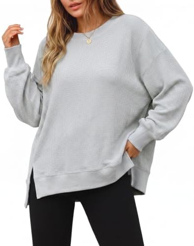 Women's Fall Oversized Sweatshirt Casual Waffle Kn Light Grey-2 - side angle
