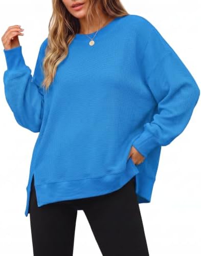 Women's Fall Oversized Sweatshirt Casual Waffle Kn Blue-2 - side angle