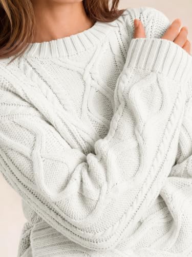 Women's Oversized Cable Knit Sweaters 2026 Fall Ou White - in use