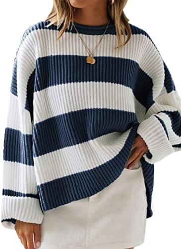 Womens Fall Winter Oversized Striped Knit Sweaters Navy - side angle