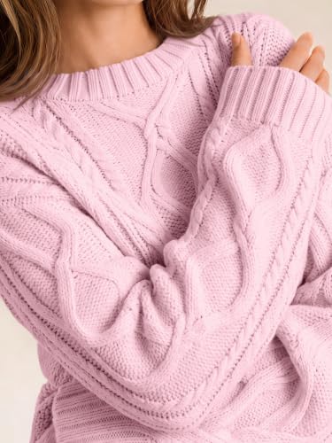 Women's Oversized Cable Knit Sweaters 2026 Fall Ou Pastel Pink - in use