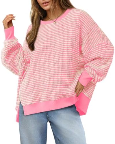 Women's Fall Oversized Sweatshirt Casual Waffle Kn Pink - side angle