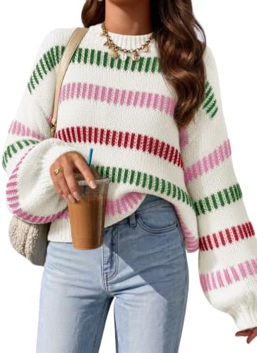 Womens Striped Fall Winter Sweaters Oversize Cozy  Green - side angle