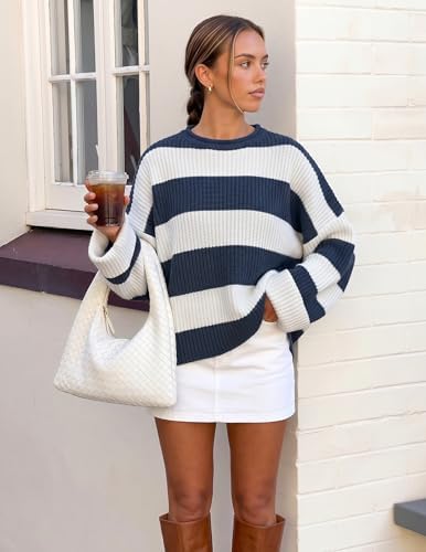 Womens Fall Winter Oversized Striped Knit Sweaters Navy - in use
