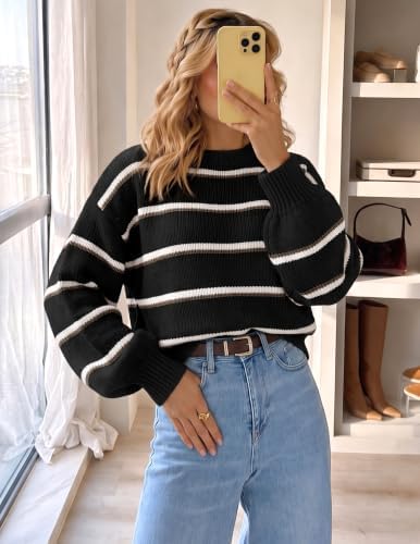 Womens Striped Fall Winter Sweaters Oversize Cozy  Black - back view