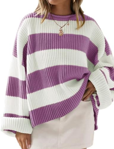 Womens Fall Winter Oversized Striped Knit Sweaters Purple - side angle