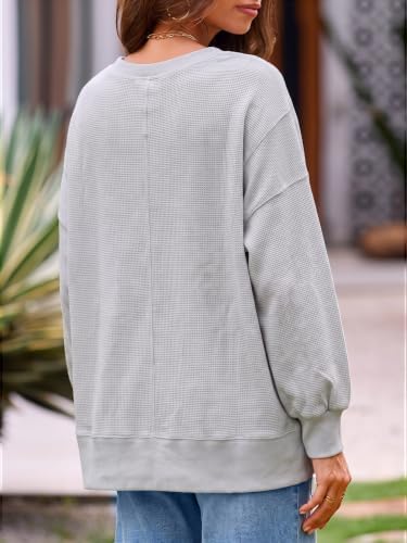 Women's Fall Oversized Sweatshirt Casual Waffle Kn Light Grey-2 - color detail