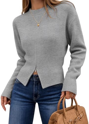 Women's Fall Zipper Pullover Sweaters 2026 Cozy Ri Grey - side angle
