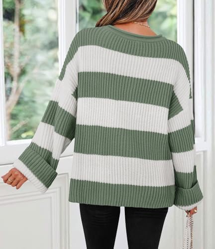 Womens Fall Winter Oversized Striped Knit Sweaters Green - packaging