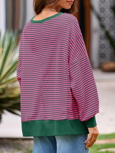Women's Fall Oversized Sweatshirt Casual Waffle Kn Rose Red - color detail