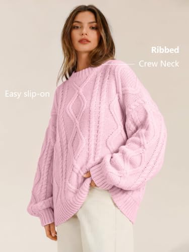 Women's Oversized Cable Knit Sweaters 2026 Fall Ou Pastel Pink - color detail