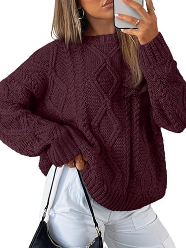Women's Oversized Cable Knit Sweaters 2026 Fall Ou Wine Red - side angle