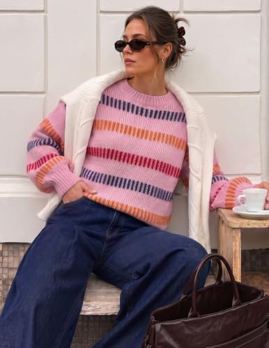 Womens Striped Fall Winter Sweaters Oversize Cozy  Pink - back view