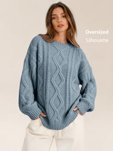 Women's Oversized Cable Knit Sweaters 2026 Fall Ou Dusty Blue - back view