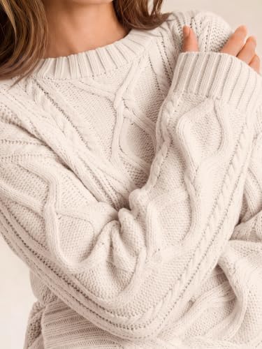 Women's Oversized Cable Knit Sweaters 2026 Fall Ou Cream - in use