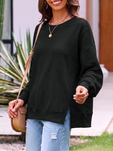 Women's Fall Oversized Sweatshirt Casual Waffle Kn Black-2 - back view