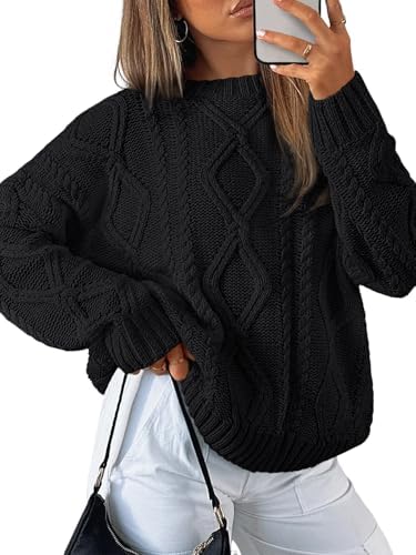 Women's Oversized Cable Knit Sweaters 2026 Fall Ou Black - side angle