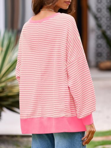 Women's Fall Oversized Sweatshirt Casual Waffle Kn Pink - back view