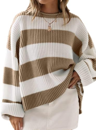 Womens Fall Winter Oversized Striped Knit Sweaters Lightkhaki - side angle